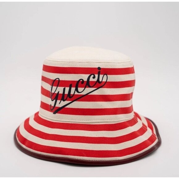 NWT Gucci Striped Canvas Bucket Hat Red White Sz S 100% Authentic - Picture 1 of 9